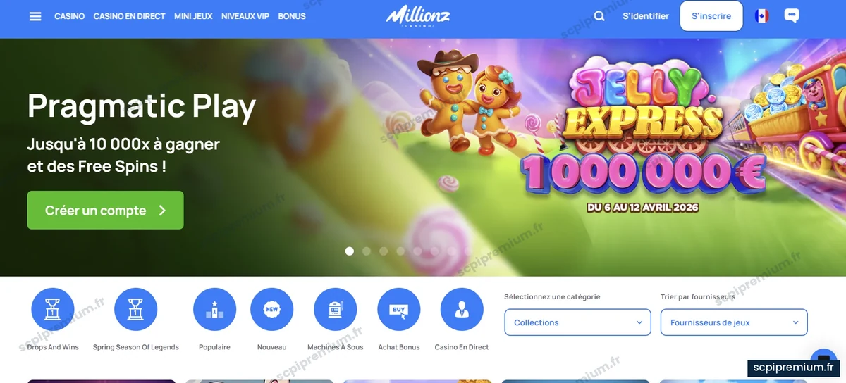Page d'accueil de Millionz Casino avec les catégories de jeux