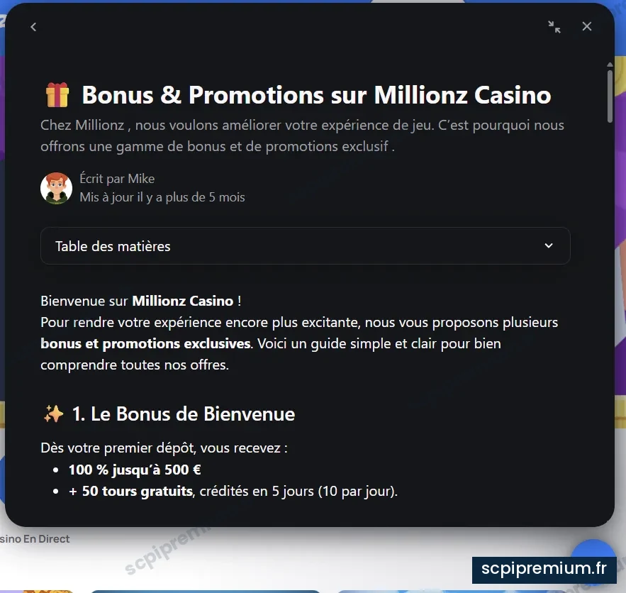 Page d'aide de Millionz détaillant le bonus de bienvenue de 500 €